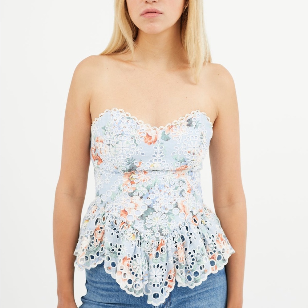NWOT: Zimmerman-inspired Blue Bowie Floral Lace Strapless Bustier